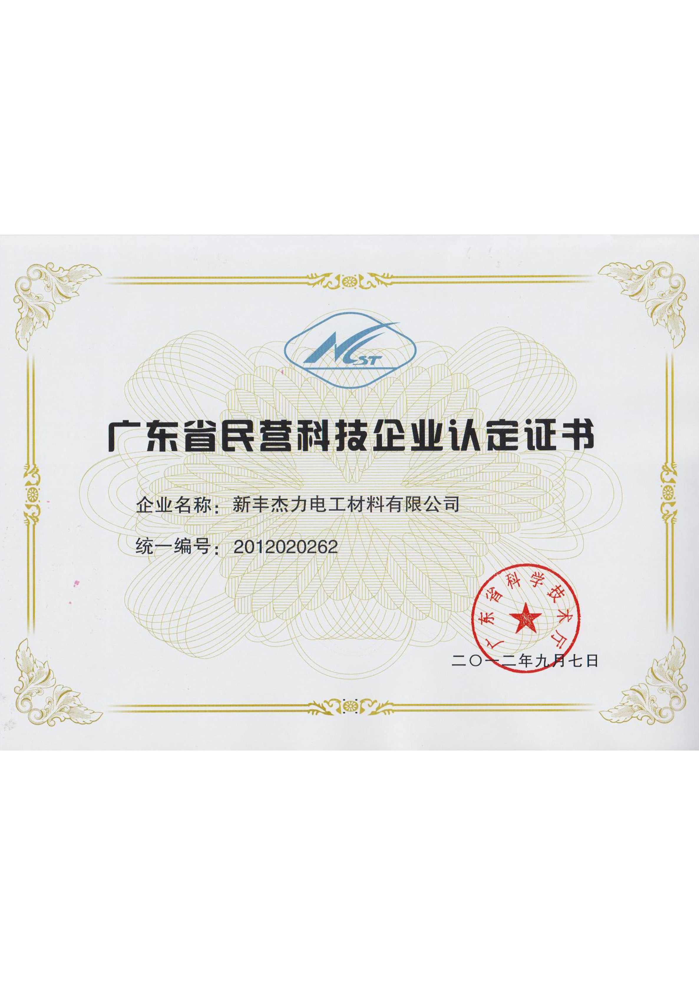 杰力民营科技企业认证书