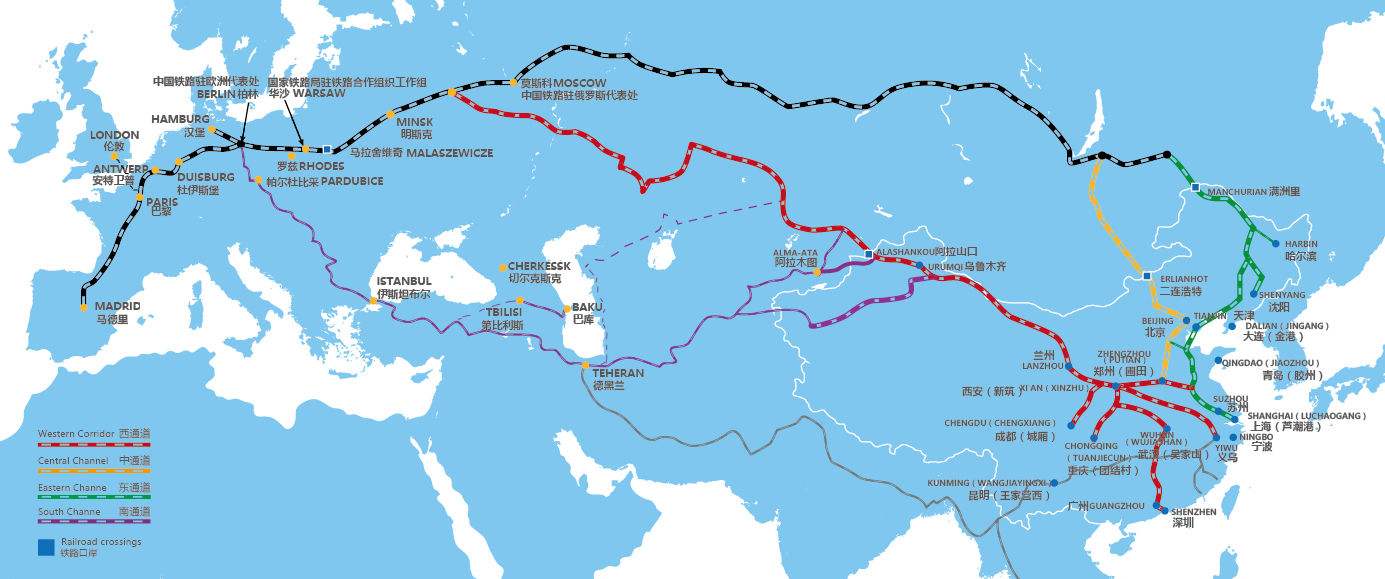 国际铁路运输航线：中国-中亚-欧洲